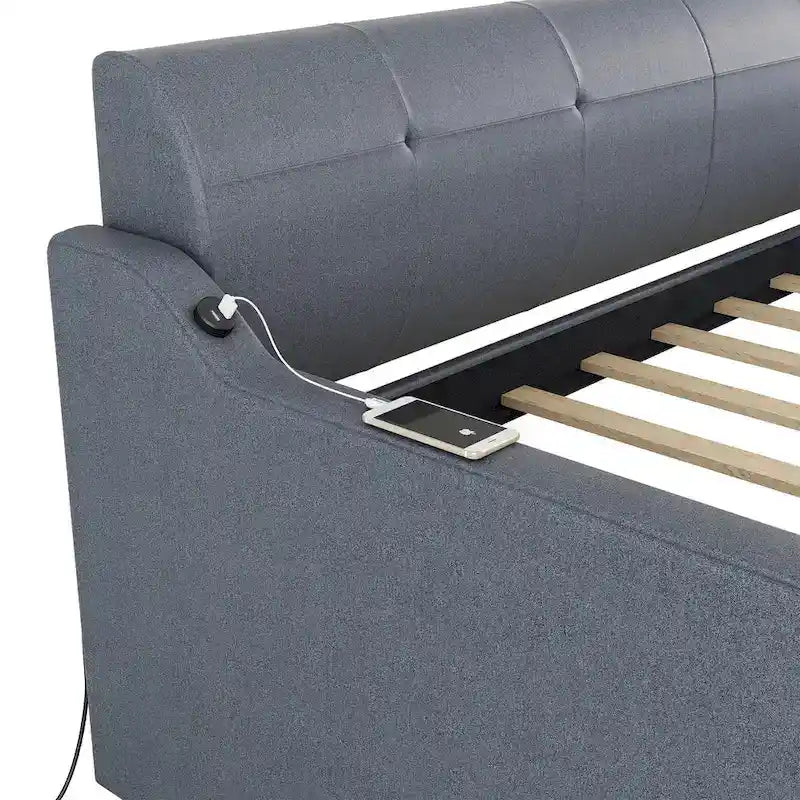 Twin Size Daybed with Pull-Out Trundle, USB Charging Port & Armrests, Beige, Modern Style