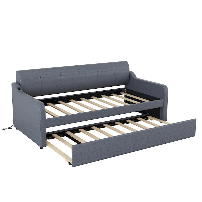 Twin Size Daybed with Pull-Out Trundle, USB Charging Port & Armrests, Beige, Modern Style