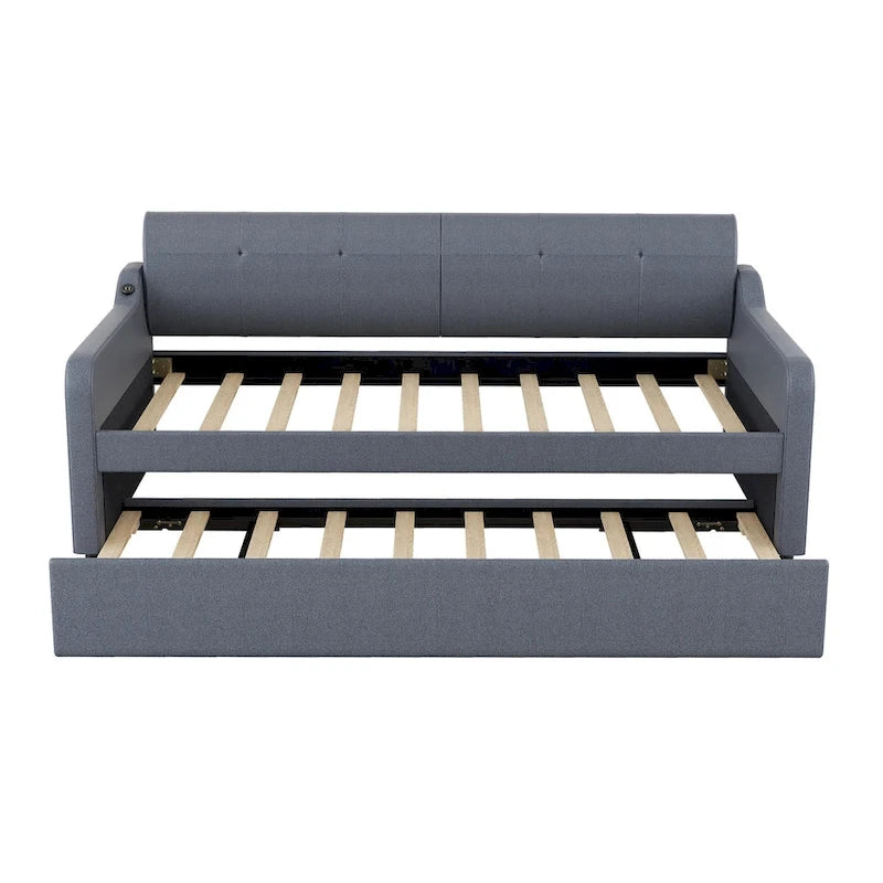 Twin Size Daybed with Pull-Out Trundle, USB Charging Port & Armrests, Beige, Modern Style