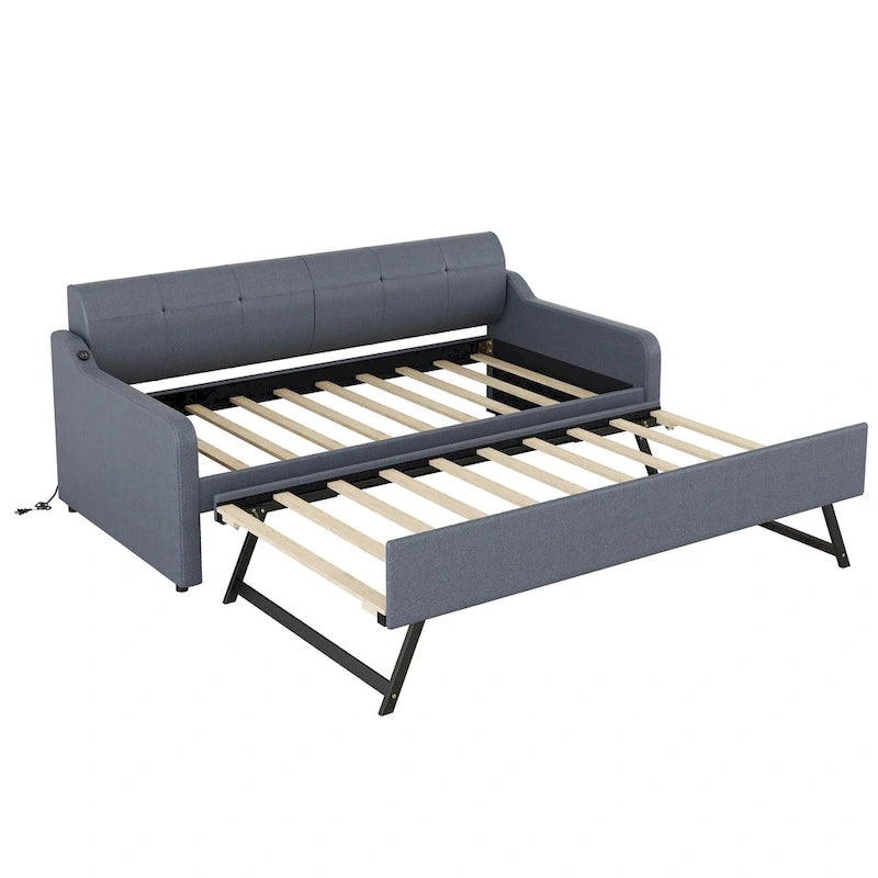 Twin Size Daybed with Pull-Out Trundle, USB Charging Port & Armrests, Beige, Modern Style