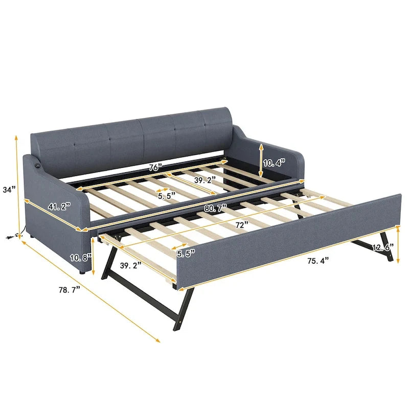 Twin Size Daybed with Pull-Out Trundle, USB Charging Port & Armrests, Beige, Modern Style