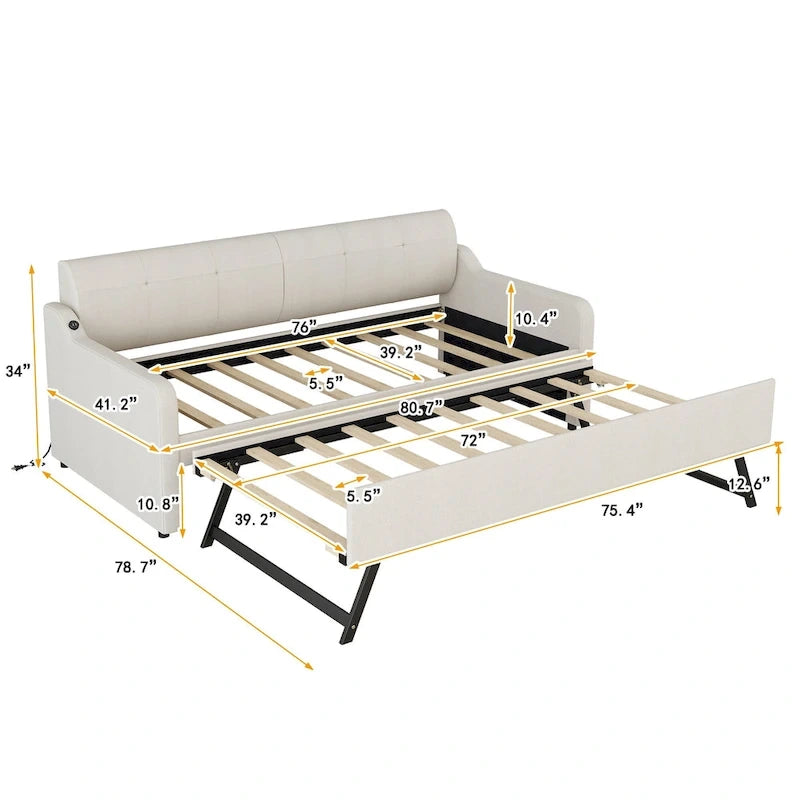 Twin Size Daybed with Pull-Out Trundle, USB Charging Port & Armrests, Beige, Modern Style
