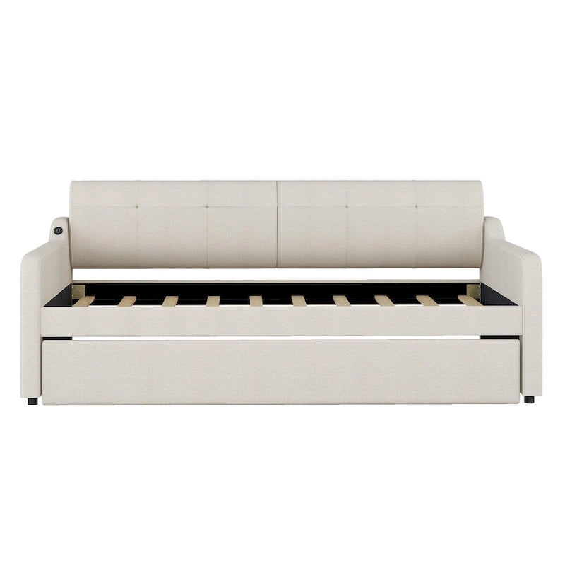 Twin Size Daybed with Pull-Out Trundle, USB Charging Port & Armrests, Beige, Modern Style