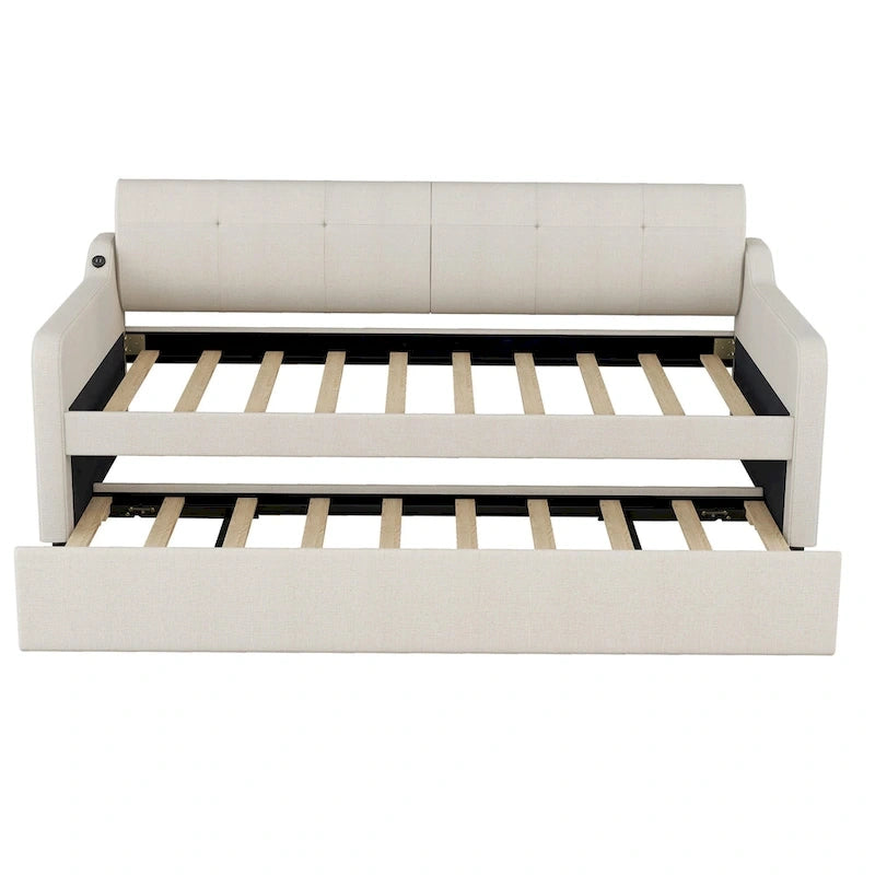 Twin Size Daybed with Pull-Out Trundle, USB Charging Port & Armrests, Beige, Modern Style