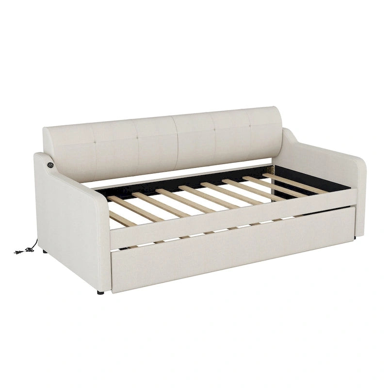 Twin Size Daybed with Pull-Out Trundle, USB Charging Port & Armrests, Beige, Modern Style