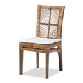 Rattan & Mahogany Wood Dining Chair with Removable Cushion, Greywashed & White, Bohemian Style