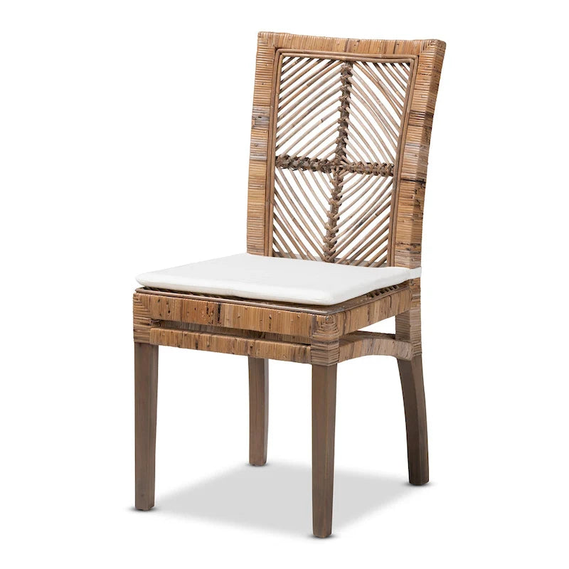 Rattan & Mahogany Wood Dining Chair with Removable Cushion, Greywashed & White, Bohemian Style
