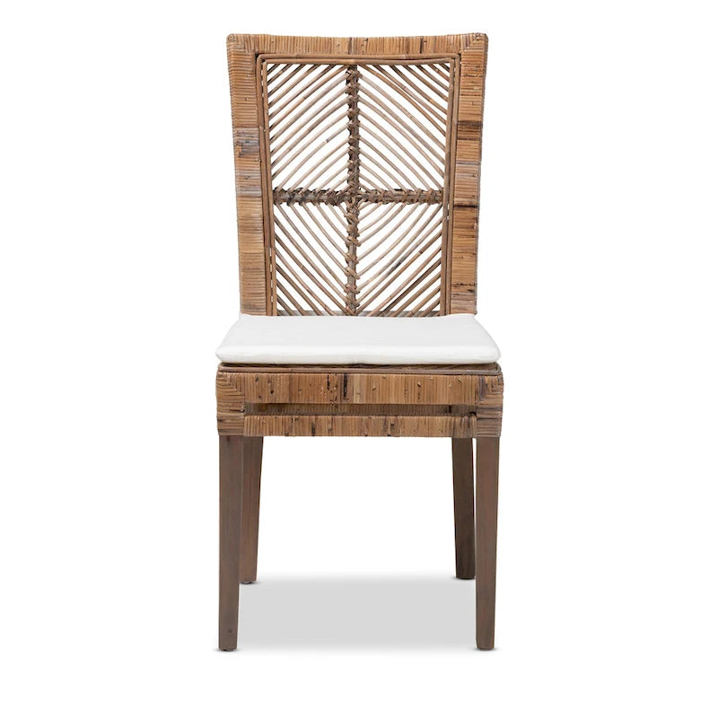 Rattan & Mahogany Wood Dining Chair with Removable Cushion, Greywashed & White, Bohemian Style
