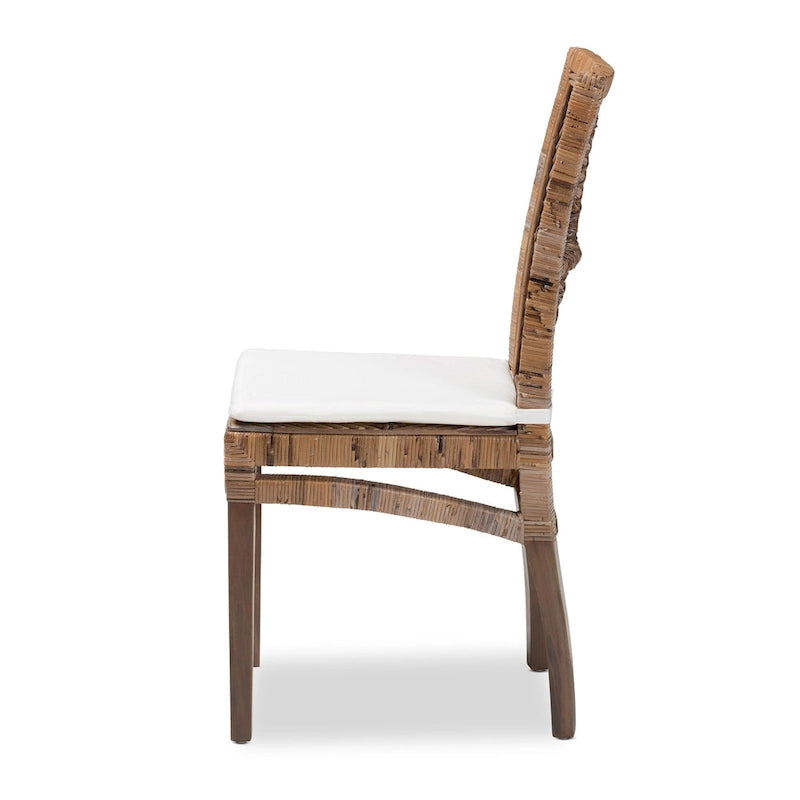 Rattan & Mahogany Wood Dining Chair with Removable Cushion, Greywashed & White, Bohemian Style