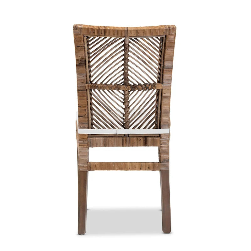 Rattan & Mahogany Wood Dining Chair with Removable Cushion, Greywashed & White, Bohemian Style