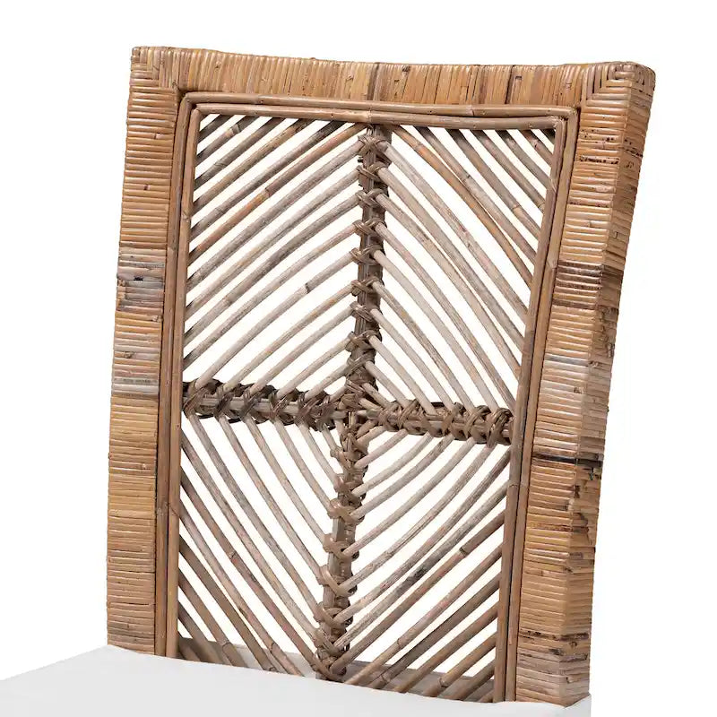 Rattan & Mahogany Wood Dining Chair with Removable Cushion, Greywashed & White, Bohemian Style