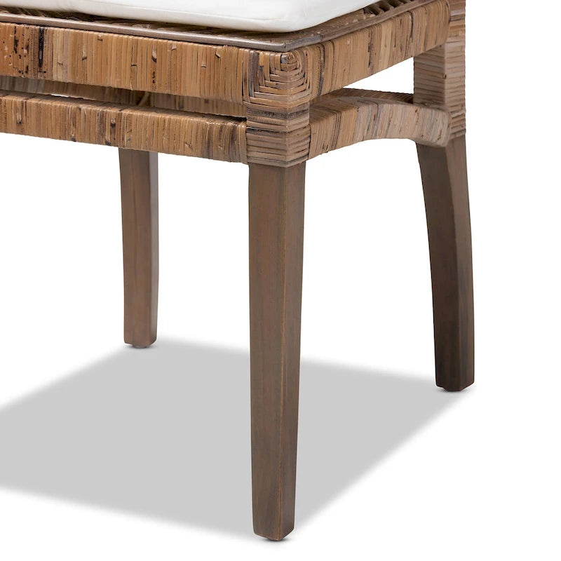 Rattan & Mahogany Wood Dining Chair with Removable Cushion, Greywashed & White, Bohemian Style