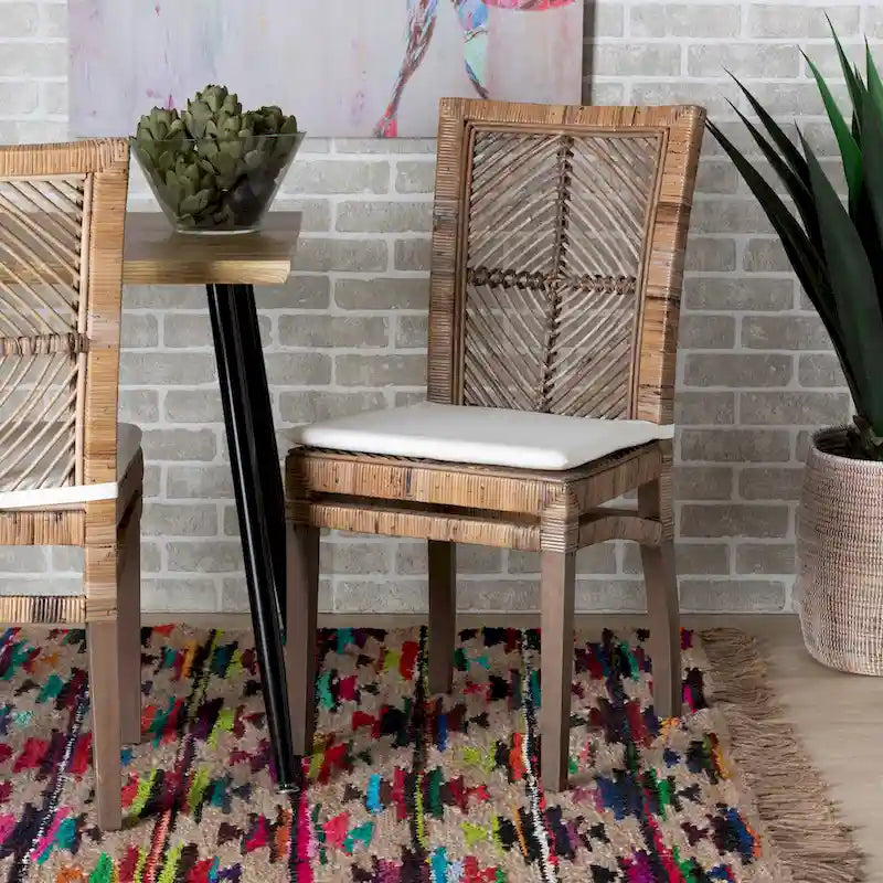 Rattan & Mahogany Wood Dining Chair with Removable Cushion, Greywashed & White, Bohemian Style