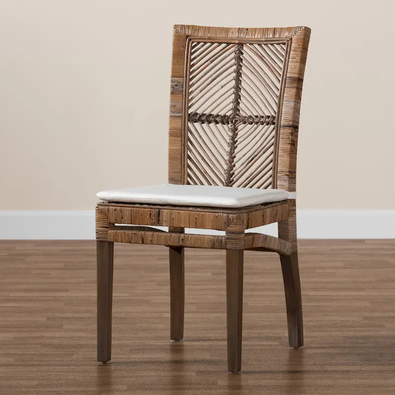Rattan & Mahogany Wood Dining Chair with Removable Cushion, Greywashed & White, Bohemian Style