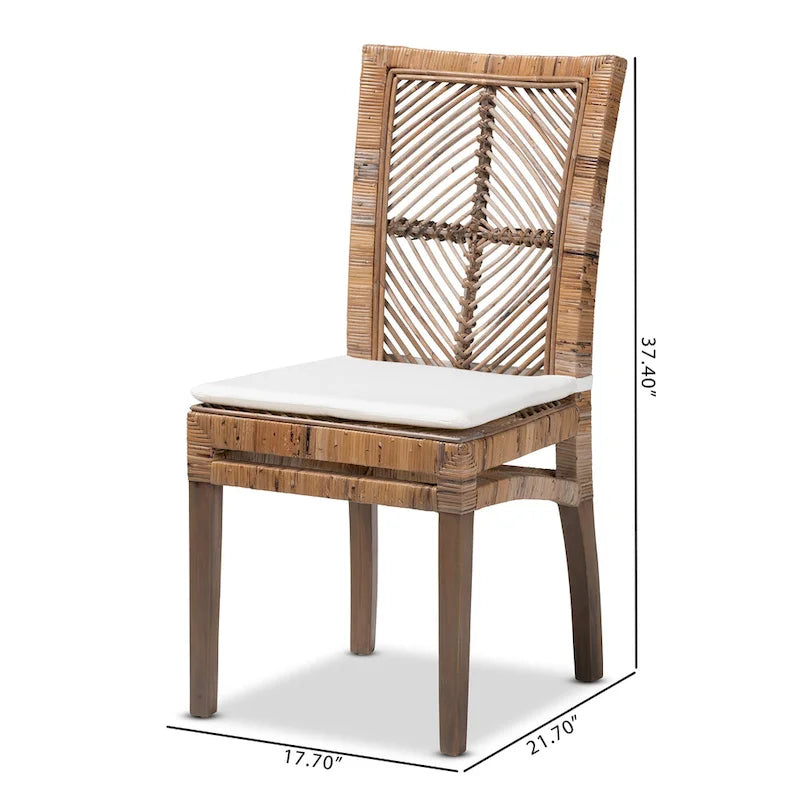 Rattan & Mahogany Wood Dining Chair with Removable Cushion, Greywashed & White, Bohemian Style