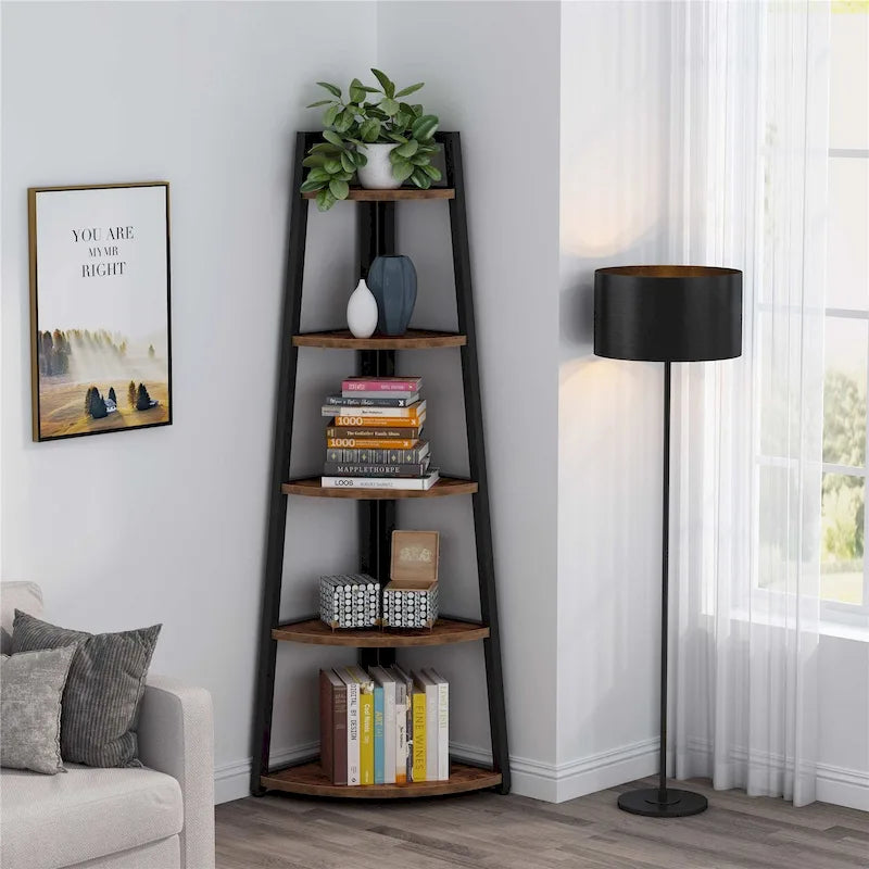 5-Tier Corner Shelf Storage Tower with Metal Frame & Round Edges, Brown / White / Black / Gold, Modern Style