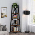 5-Tier Corner Shelf Storage Tower with Metal Frame & Round Edges, Brown / White / Black / Gold, Modern Style