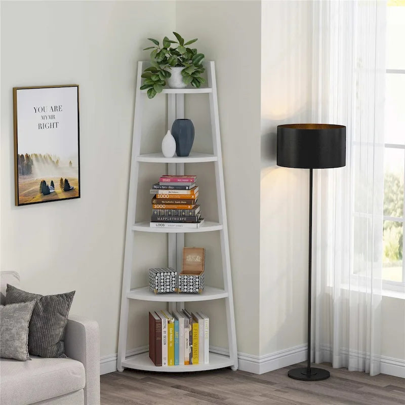 5-Tier Corner Shelf Storage Tower with Metal Frame & Round Edges, Brown / White / Black / Gold, Modern Style