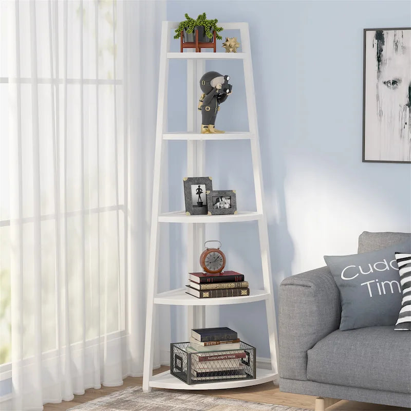 5-Tier Corner Shelf Storage Tower with Metal Frame & Round Edges, Brown / White / Black / Gold, Modern Style