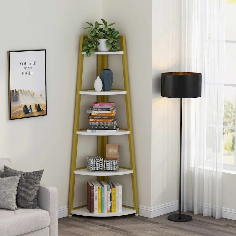 5-Tier Corner Shelf Storage Tower with Metal Frame & Round Edges, Brown / White / Black / Gold, Modern Style