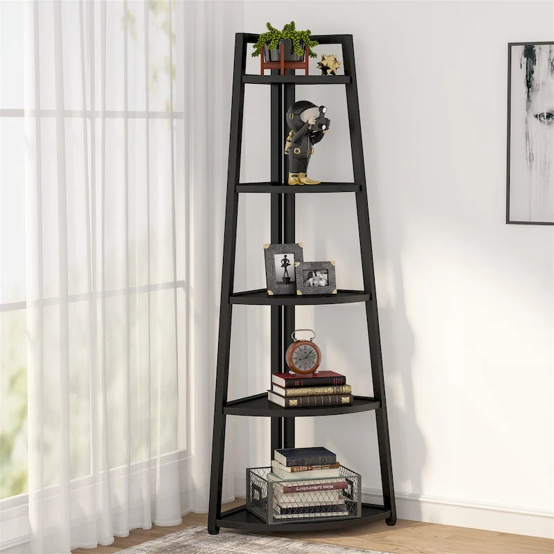 5-Tier Corner Shelf Storage Tower with Metal Frame & Round Edges, Brown / White / Black / Gold, Modern Style