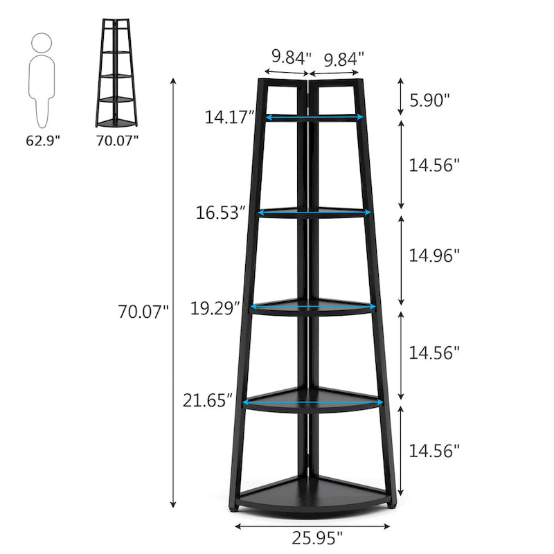 5-Tier Corner Shelf Storage Tower with Metal Frame & Round Edges, Brown / White / Black / Gold, Modern Style