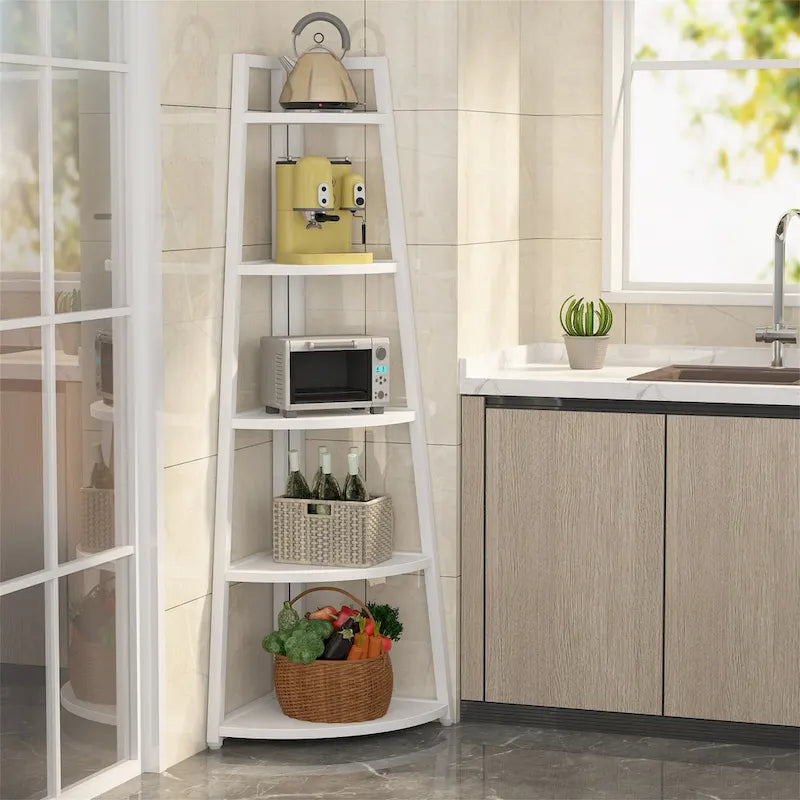 5-Tier Corner Shelf Storage Tower with Metal Frame & Round Edges, Brown / White / Black / Gold, Modern Style