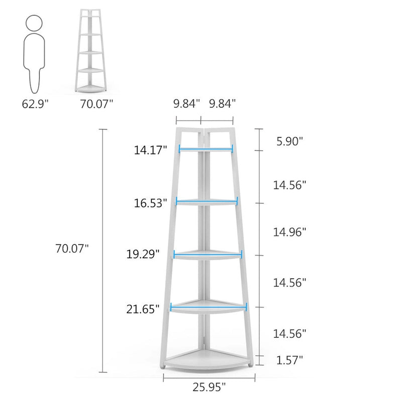 5-Tier Corner Shelf Storage Tower with Metal Frame & Round Edges, Brown / White / Black / Gold, Modern Style