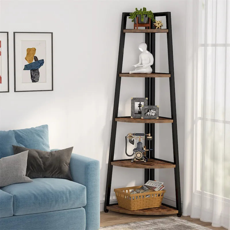 5-Tier Corner Shelf Storage Tower with Metal Frame & Round Edges, Brown / White / Black / Gold, Modern Style