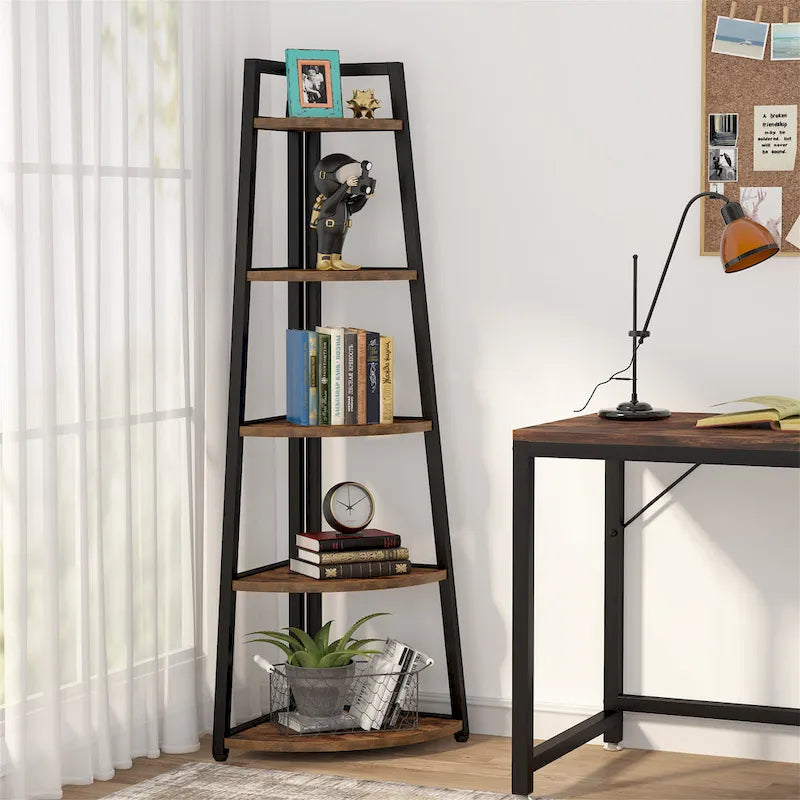5-Tier Corner Shelf Storage Tower with Metal Frame & Round Edges, Brown / White / Black / Gold, Modern Style