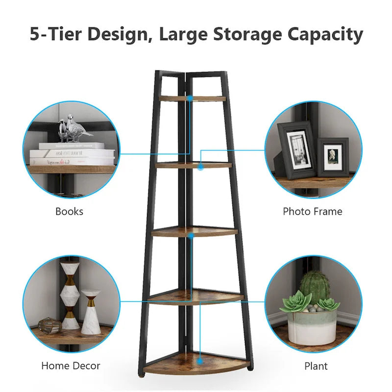 5-Tier Corner Shelf Storage Tower with Metal Frame & Round Edges, Brown / White / Black / Gold, Modern Style