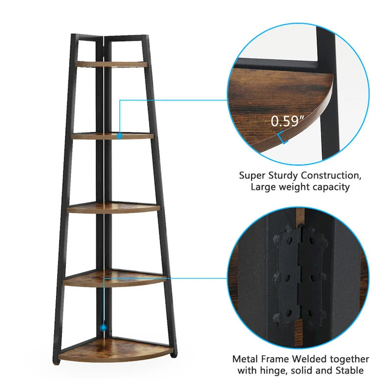 5-Tier Corner Shelf Storage Tower with Metal Frame & Round Edges, Brown / White / Black / Gold, Modern Style