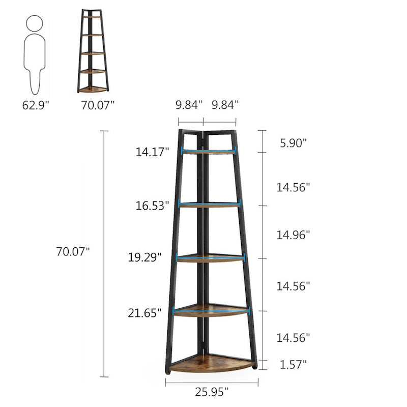 5-Tier Corner Shelf Storage Tower with Metal Frame & Round Edges, Brown / White / Black / Gold, Modern Style