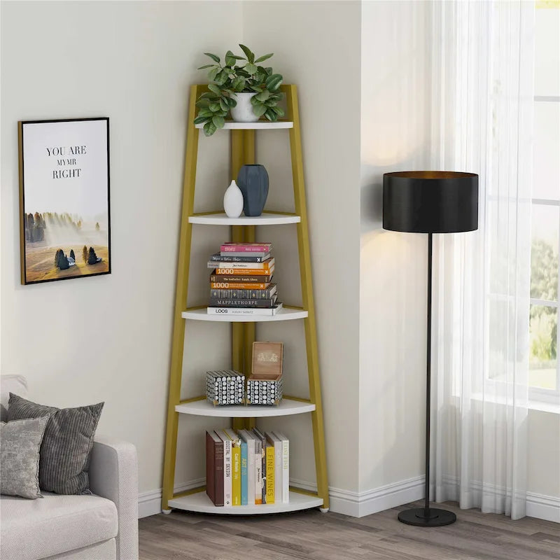 5-Tier Corner Shelf Storage Tower with Metal Frame & Round Edges, Brown / White / Black / Gold, Modern Style