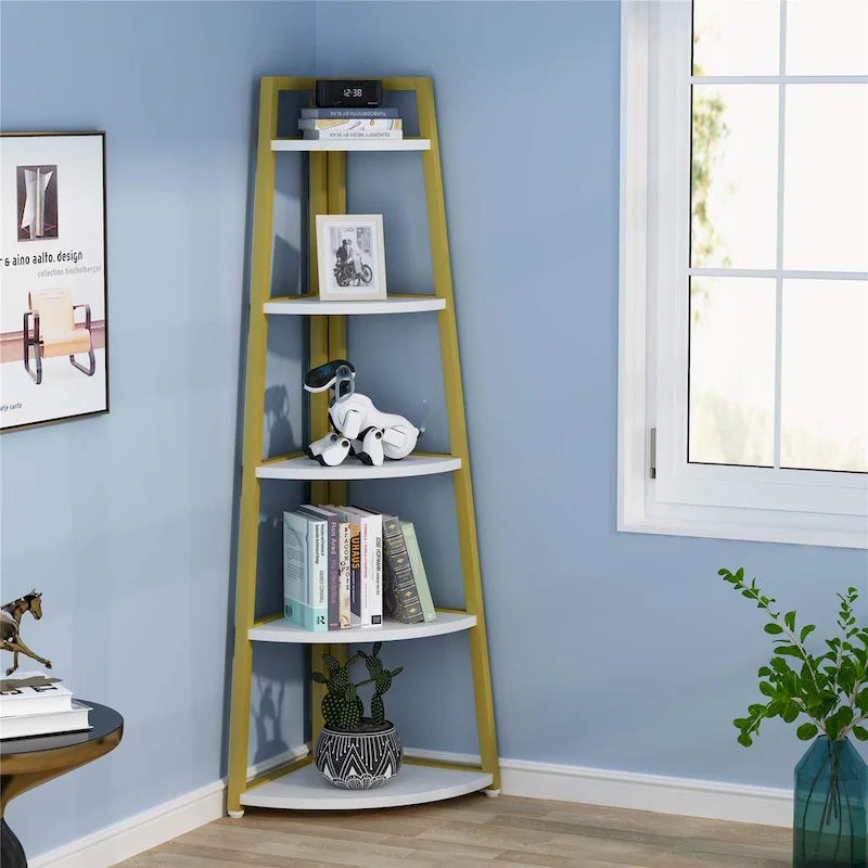 5-Tier Corner Shelf Storage Tower with Metal Frame & Round Edges, Brown / White / Black / Gold, Modern Style