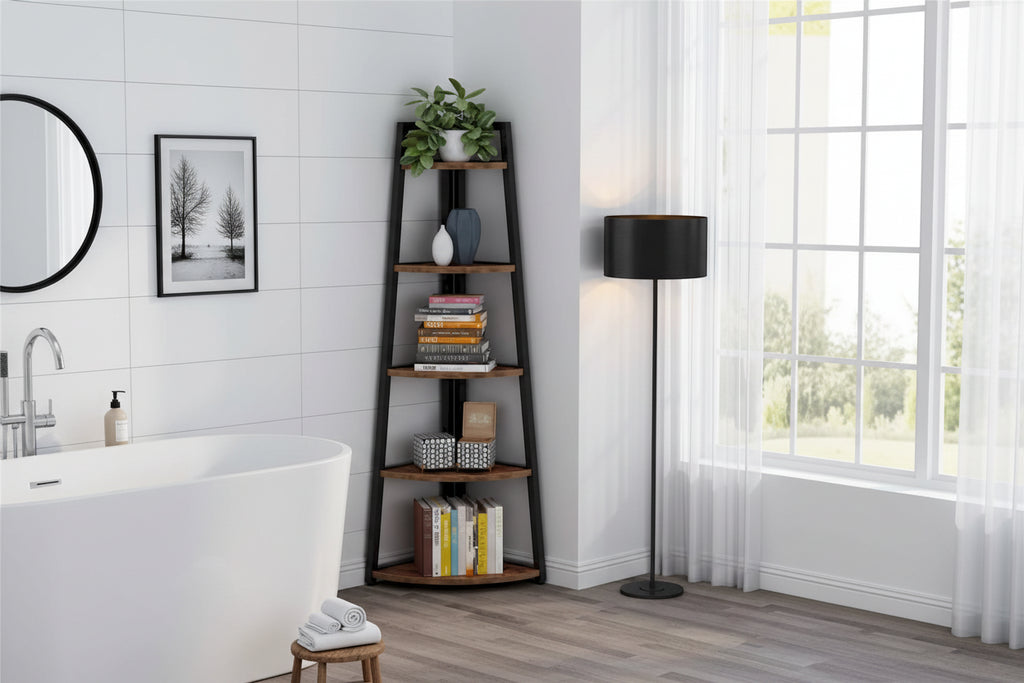 5-Tier Corner Shelf Storage Tower with Metal Frame & Round Edges, Brown / White / Black / Gold, Modern Style