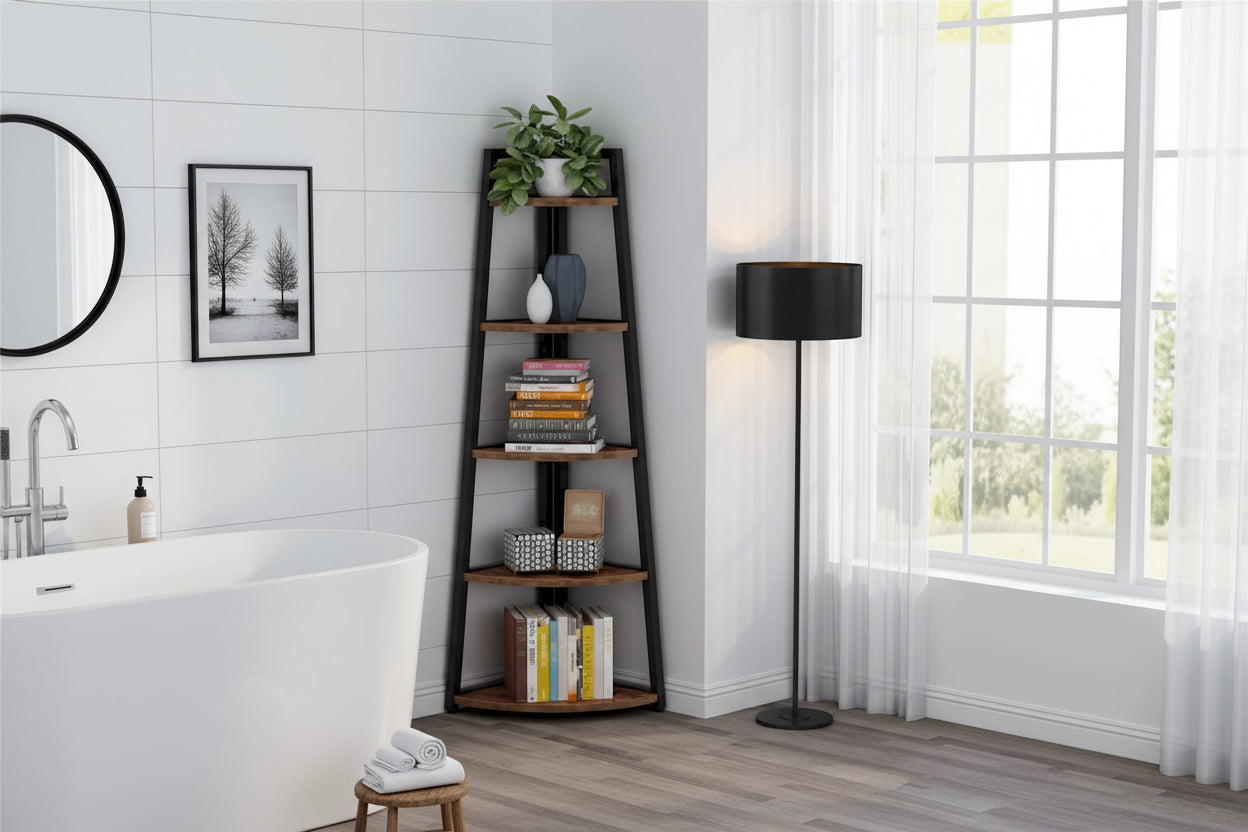 5-Tier Corner Shelf Storage Tower with Metal Frame & Round Edges, Brown / White / Black / Gold, Modern Style