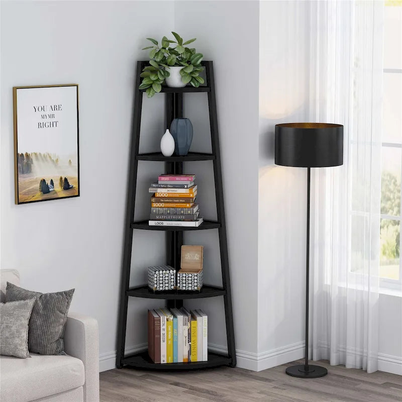 5-Tier Corner Shelf Storage Tower with Metal Frame & Round Edges, Brown / White / Black / Gold, Modern Style
