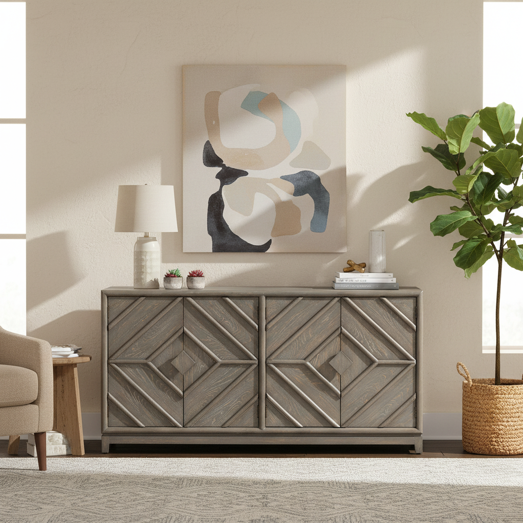 4-Door Diamond Pattern Sideboard, Medium Grey Oak, Modern Style