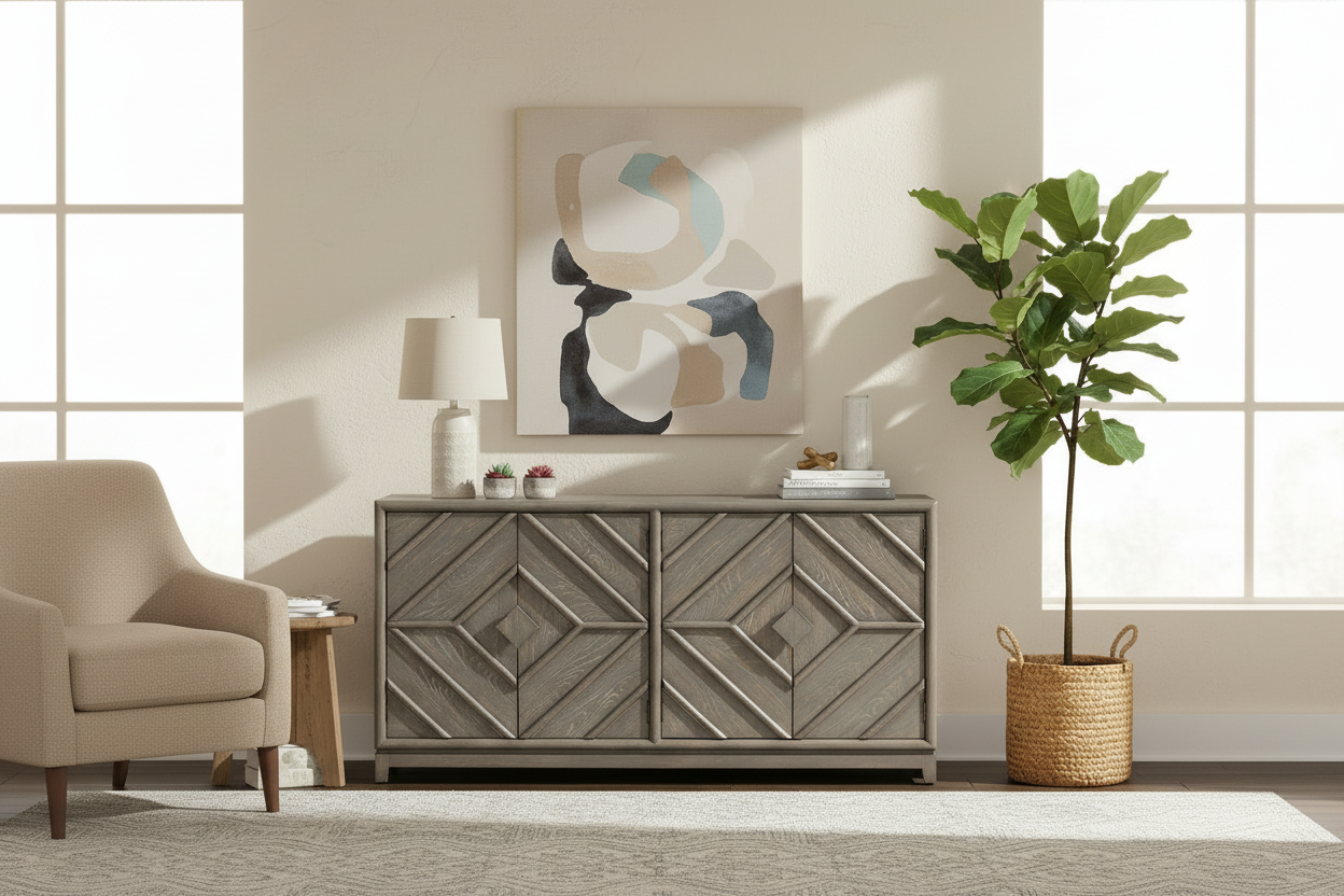 4-Door Diamond Pattern Sideboard, Medium Grey Oak, Modern Style
