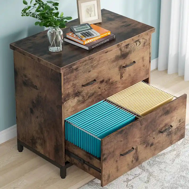 2-Drawer Lateral File Cabinet with Full-Extension Slides & Adjustable Feet, Brown / Black / Multi, Rustic Style