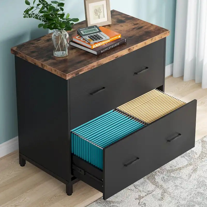 2-Drawer Lateral File Cabinet with Full-Extension Slides & Adjustable Feet, Brown / Black / Multi, Rustic Style