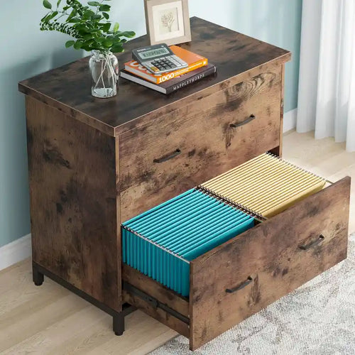 2-Drawer Lateral File Cabinet with Full-Extension Slides & Adjustable Feet, Brown / Black / Multi, Rustic Style