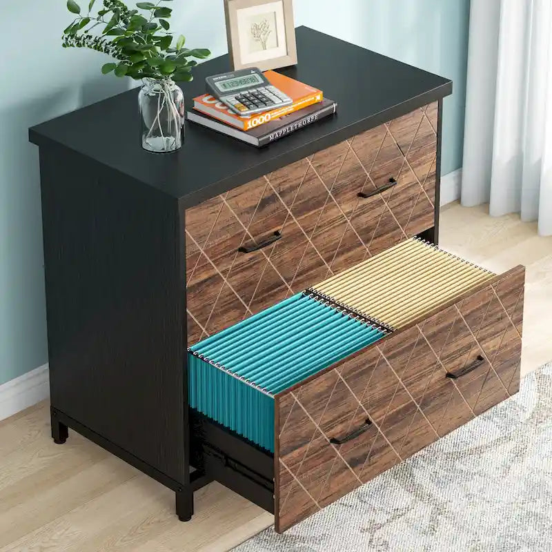 2-Drawer Lateral File Cabinet with Full-Extension Slides & Adjustable Feet, Brown / Black / Multi, Rustic Style