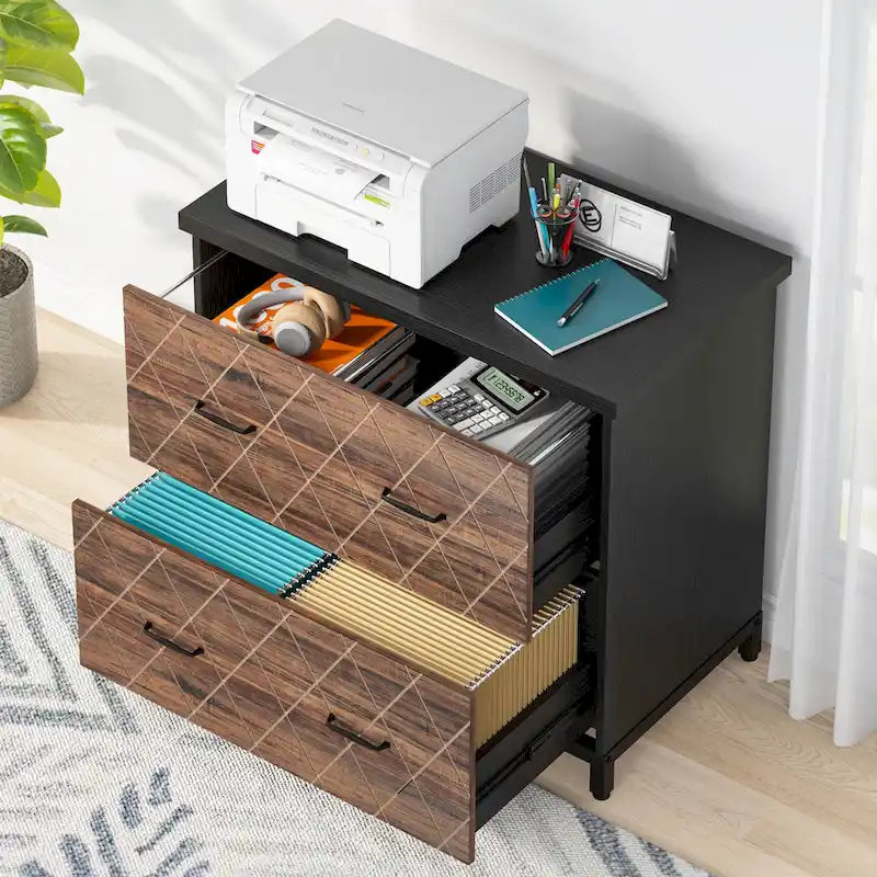 2-Drawer Lateral File Cabinet with Full-Extension Slides & Adjustable Feet, Brown / Black / Multi, Rustic Style