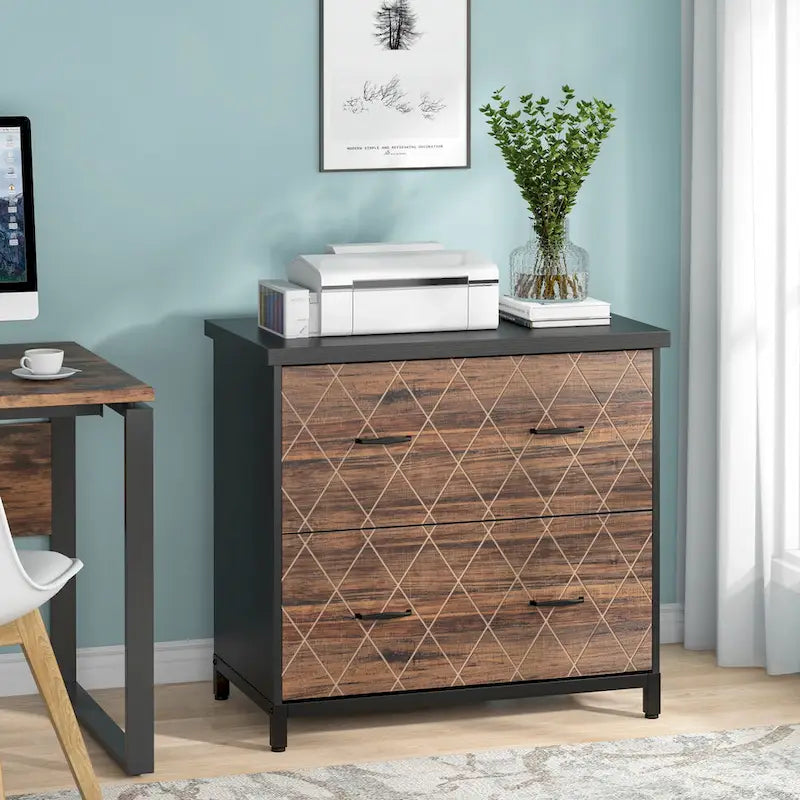 2-Drawer Lateral File Cabinet with Full-Extension Slides & Adjustable Feet, Brown / Black / Multi, Rustic Style
