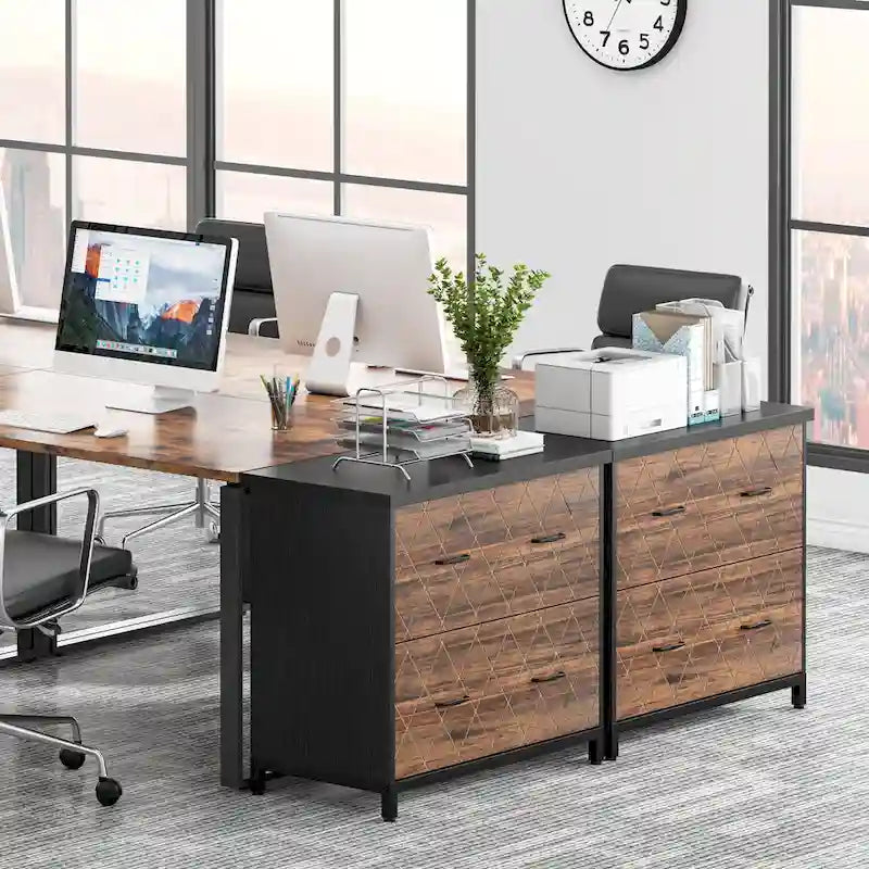 2-Drawer Lateral File Cabinet with Full-Extension Slides & Adjustable Feet, Brown / Black / Multi, Rustic Style