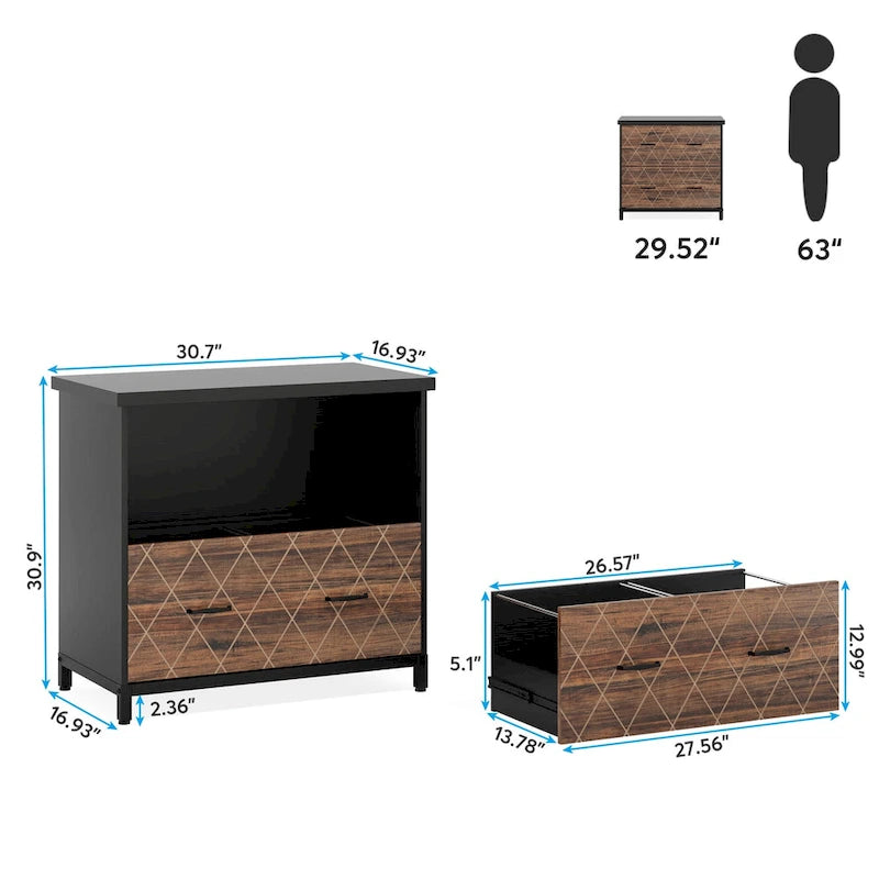 2-Drawer Lateral File Cabinet with Full-Extension Slides & Adjustable Feet, Brown / Black / Multi, Rustic Style