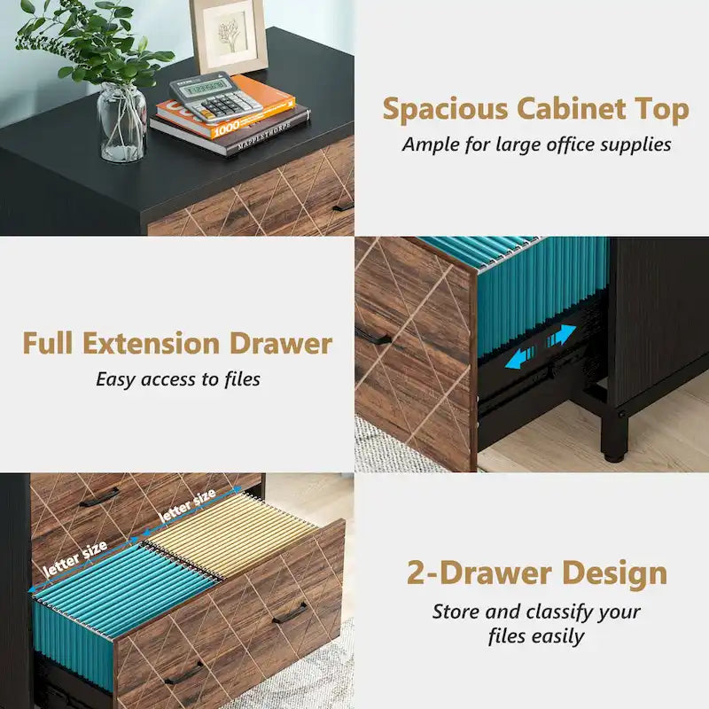 2-Drawer Lateral File Cabinet with Full-Extension Slides & Adjustable Feet, Brown / Black / Multi, Rustic Style