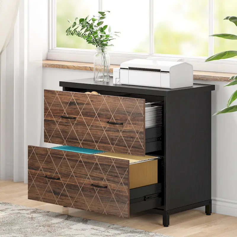 2-Drawer Lateral File Cabinet with Full-Extension Slides & Adjustable Feet, Brown / Black / Multi, Rustic Style
